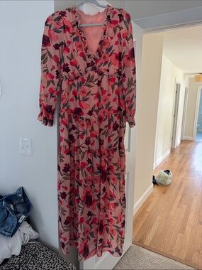 Amazon Pink Floral Ruffle V-Neck Maxi Dress